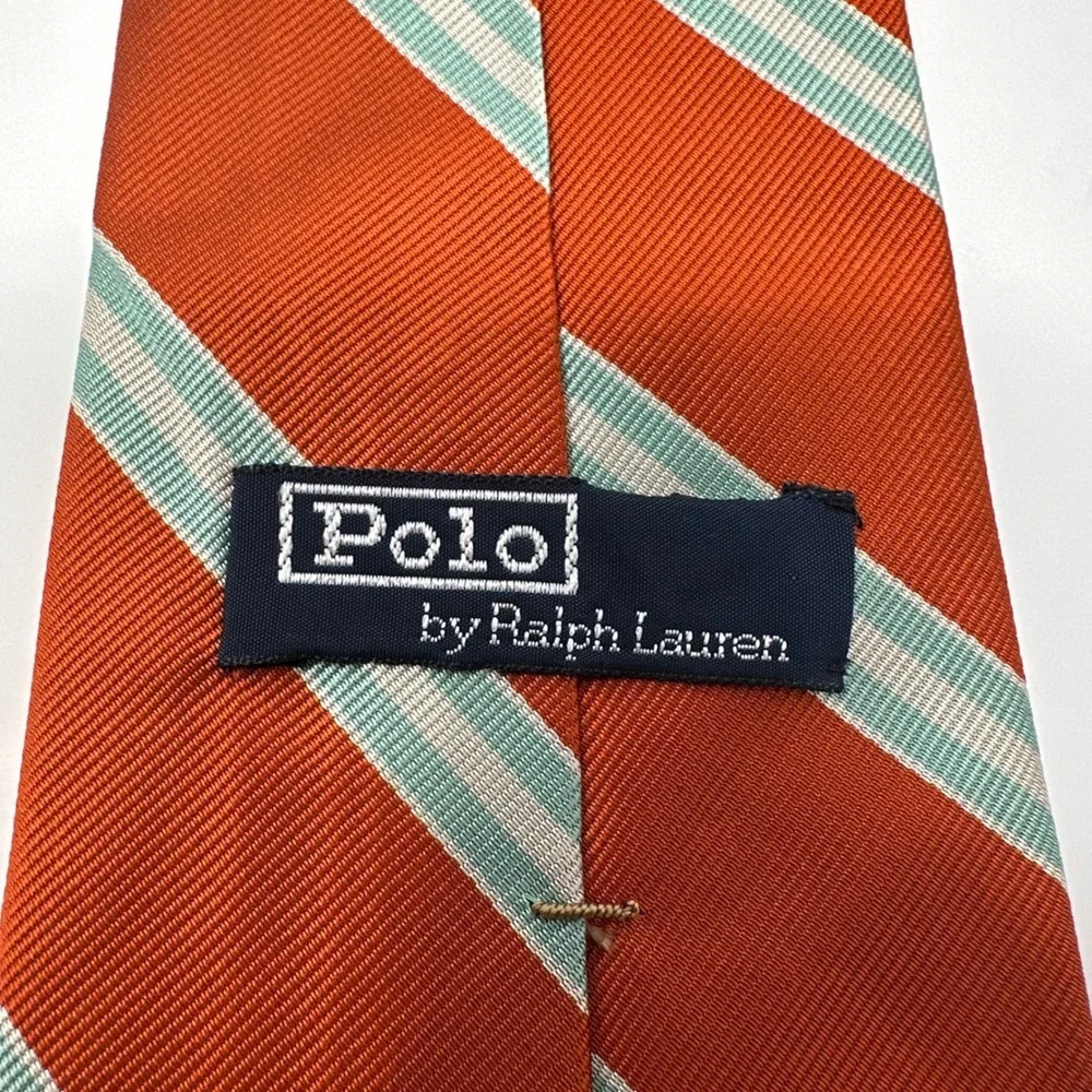 Polo Ralph Lauren Silk Tie Orange Green Repp Stripe Made in USA 3.75 Inch
